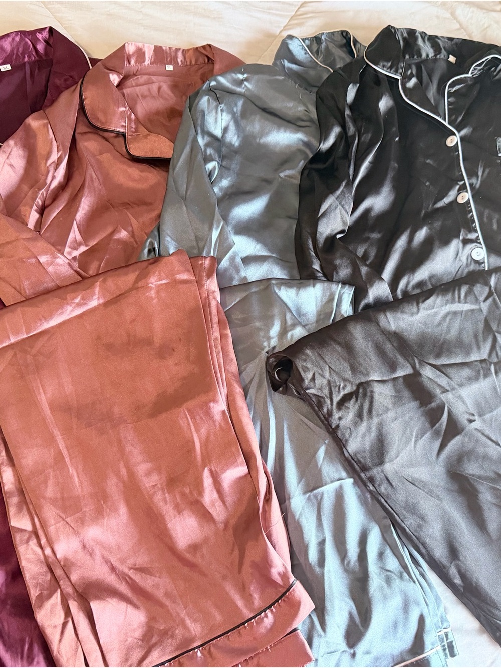Set of 4 Satin Pajama Set - Dusty Rose, Grey Blue, Maroon & Black